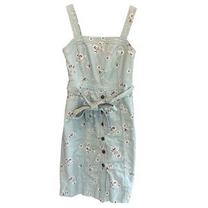 Gap Women’s Linen Belted Apron Dress Robins Egg Blue Floral Size 0 Cottagecore